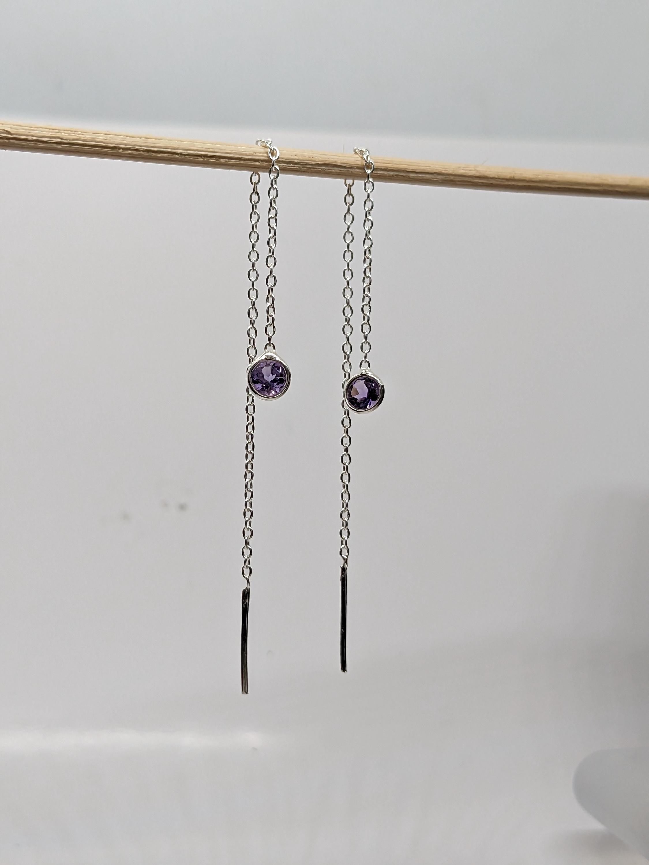 Amethyst Threader Earrings 925 Sterling Silver | Dainty Chain Drop | Gift for Her | Minimalist Jewelry