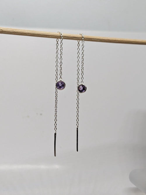 Amethyst Threader Earrings 925 Sterling Silver | Dainty Chain Drop | Gift for Her | Minimalist Jewelry