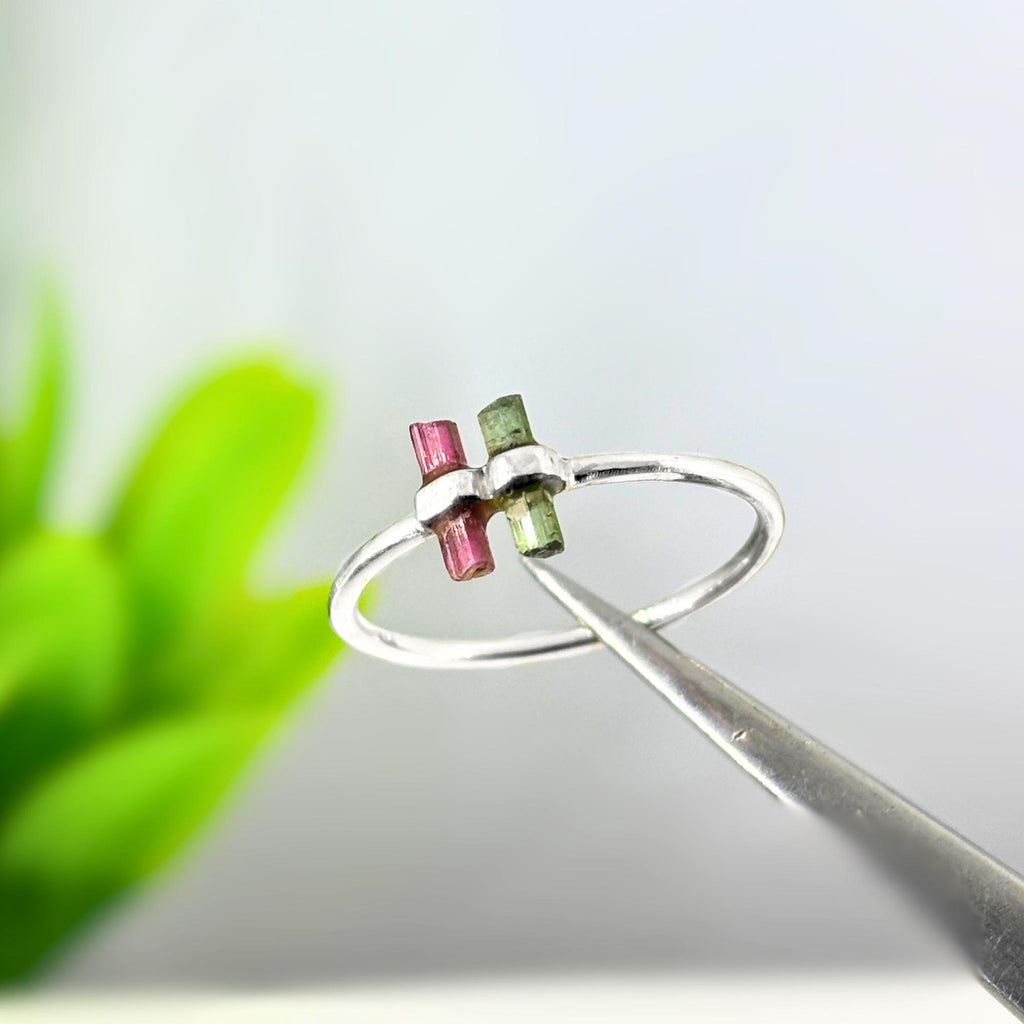 Watermelon Tourmaline Bar Sterling Silver Ring | Raw Gemstone Stacking Ring | Handmade Minimalist Statement Jewelry
