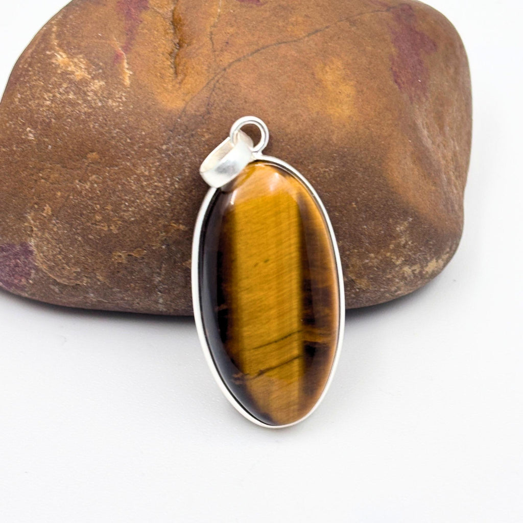 Tiger Eye Pendant Necklace, Oval Sterling Silver Gemstone Necklace, Handmade Protection Jewelry, Crystal Gift for Her