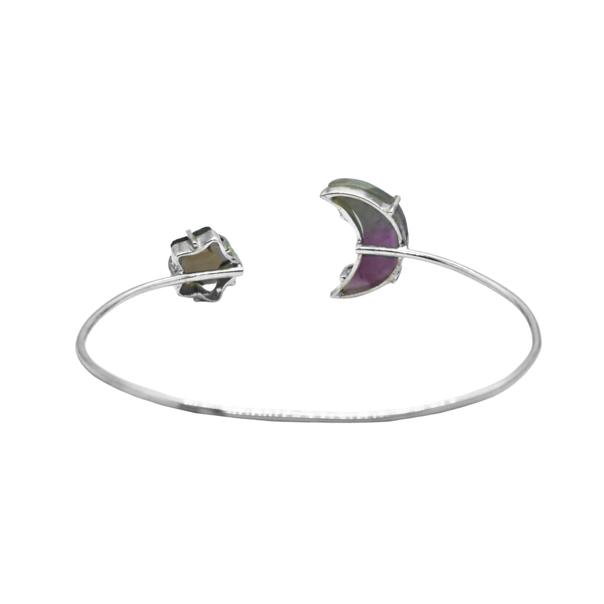 Sterling Silver Celestial Cuff Bracelet | Amethyst Moon, Smoky Quartz Star