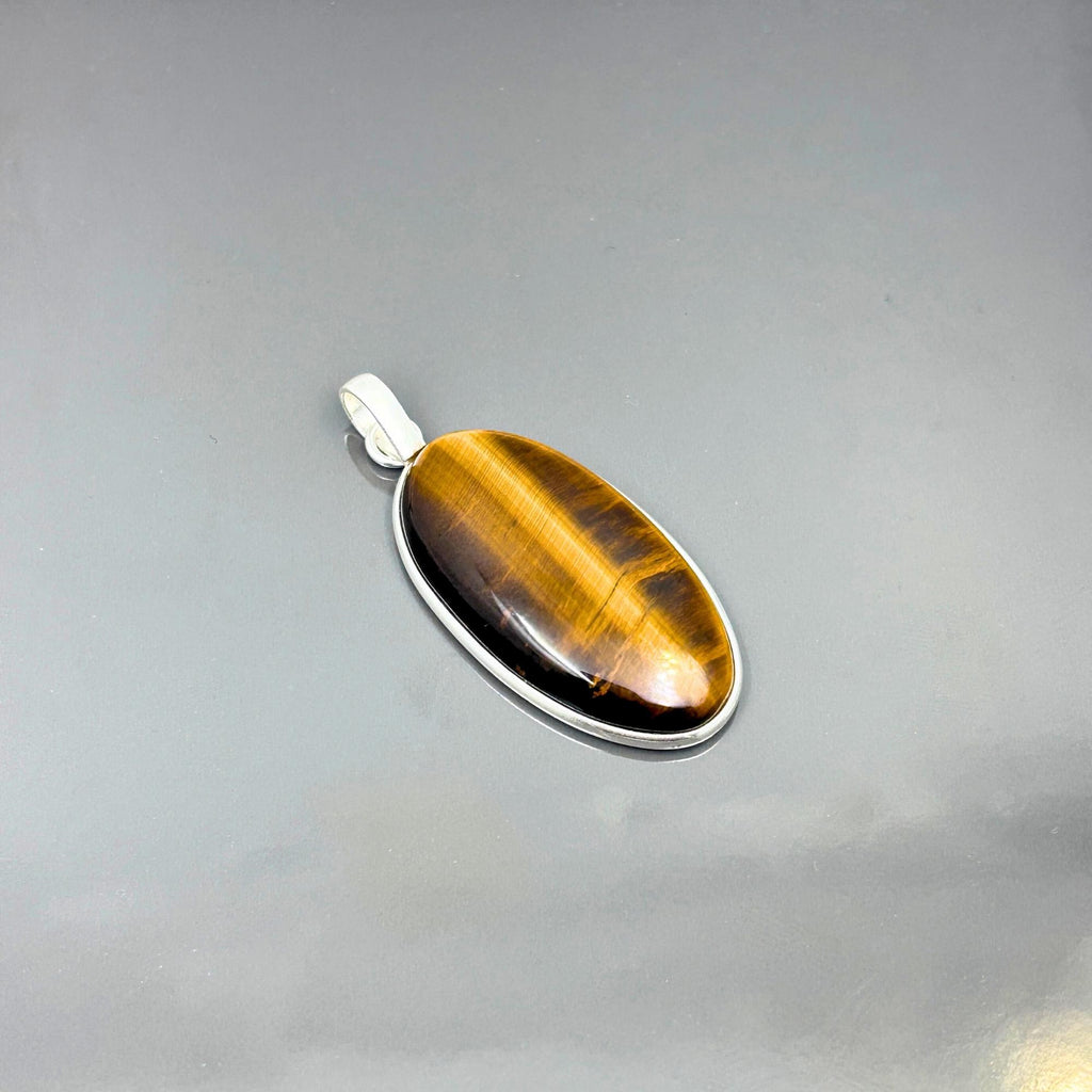 Tiger Eye Pendant Necklace, Oval Sterling Silver Gemstone Necklace, Handmade Protection Jewelry, Crystal Gift for Her
