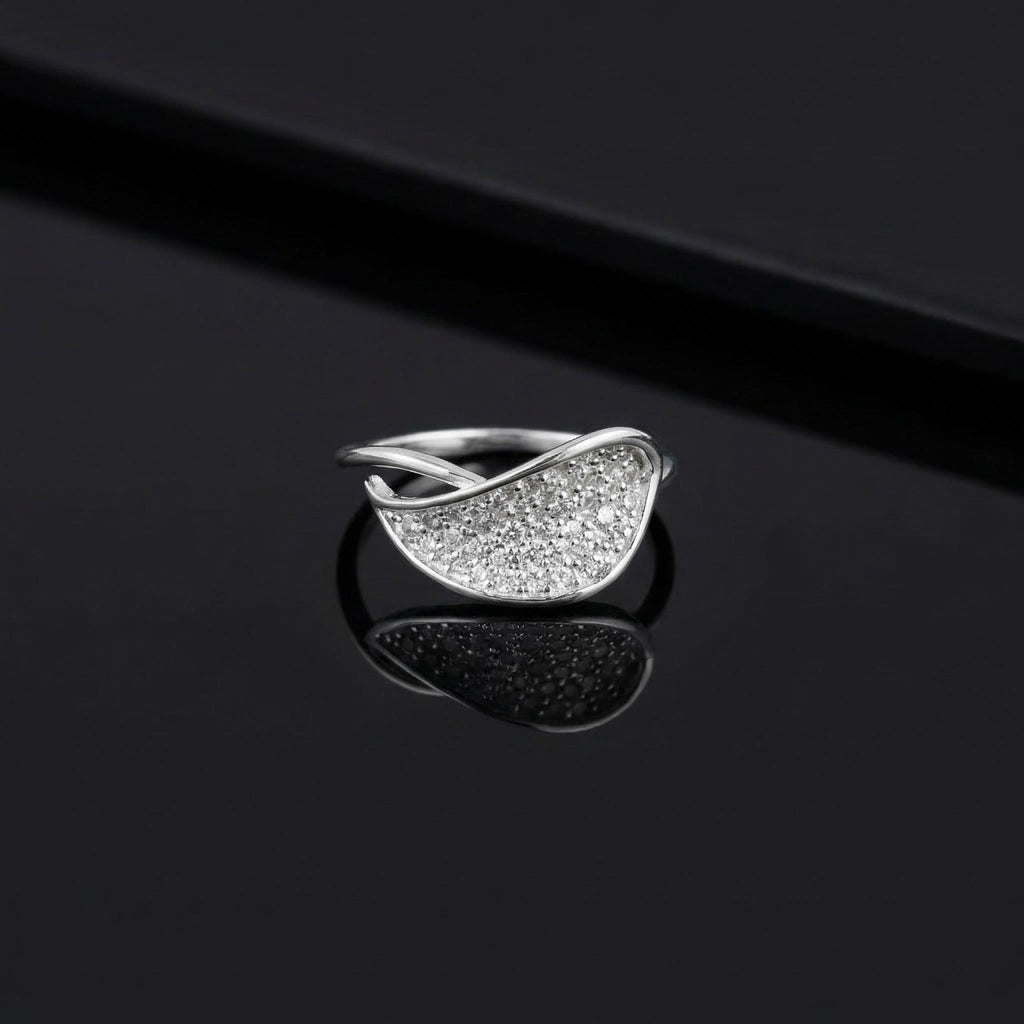 Sterling Silver CZ Leaf Ring, Pavé Curved Open Band, Boho Nature Jewelry