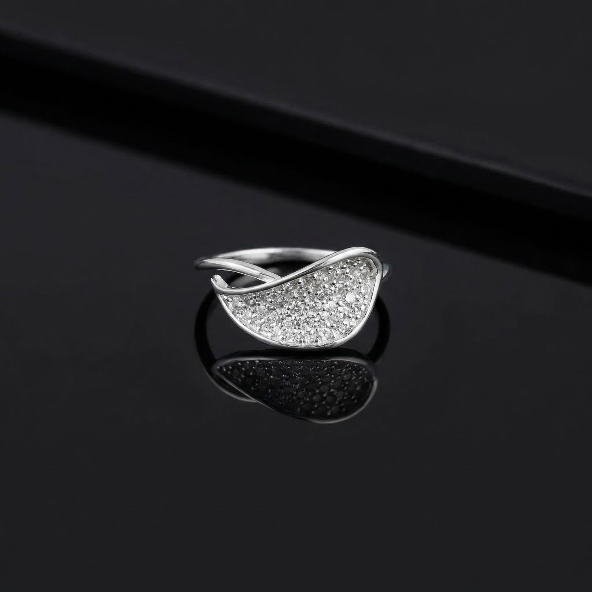Sterling Silver CZ Leaf Ring, Pavé Curved Open Band, Boho Nature Jewelry