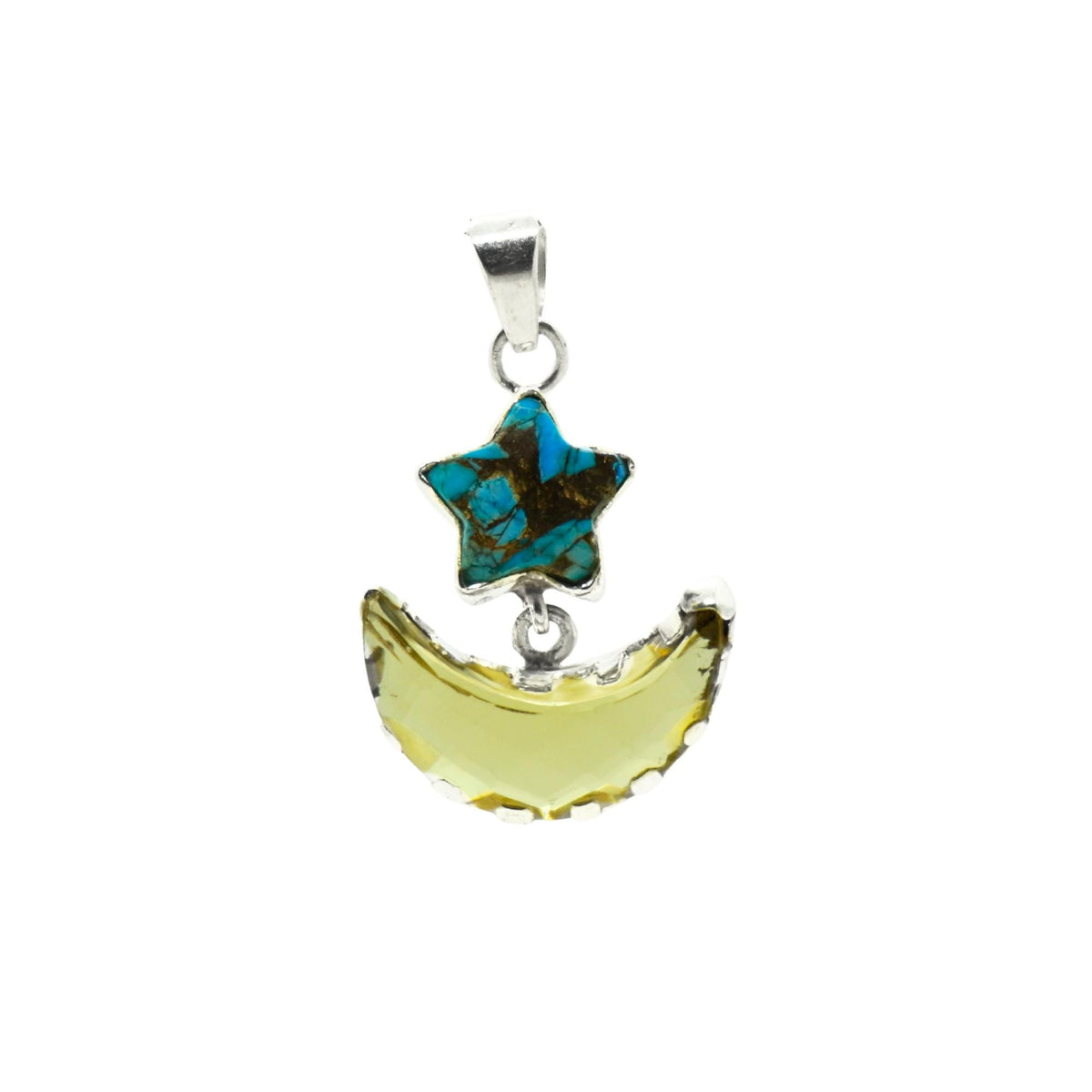 Turquoise Star & Lemon Topaz Moon Pendant: Sterling Silver Celestial Charm