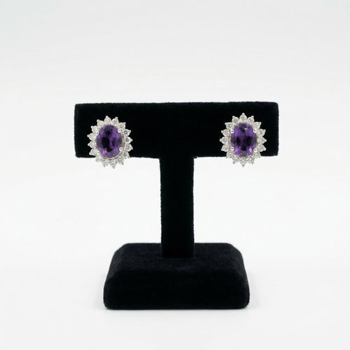 Amethyst CZ Stud Earrings 925 Sterling Silver | Oval Gemstone Studs | February Birthstone | Handmade Jewelry