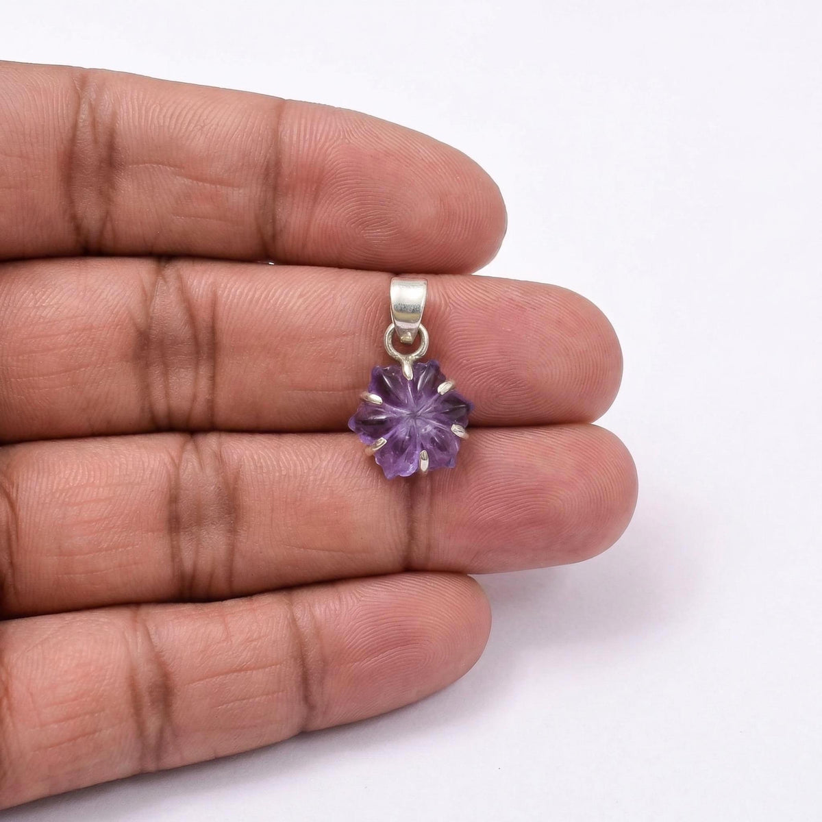 Amethyst Flower Carving Pendant – Sterling Silver Minimalist Gemstone Jewelry