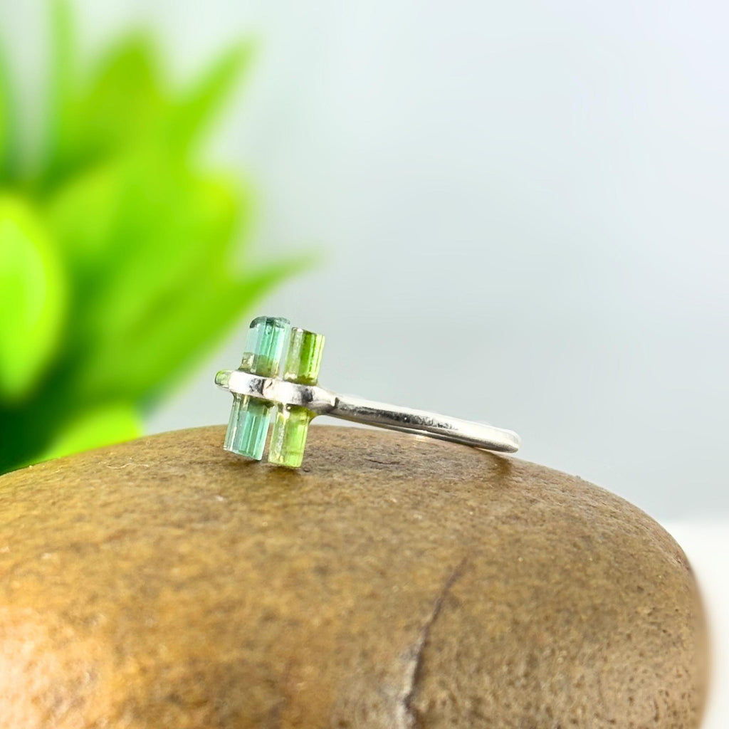 Raw Green & Blue Tourmaline Sterling Silver Ring: Modern Stacking Jewelry