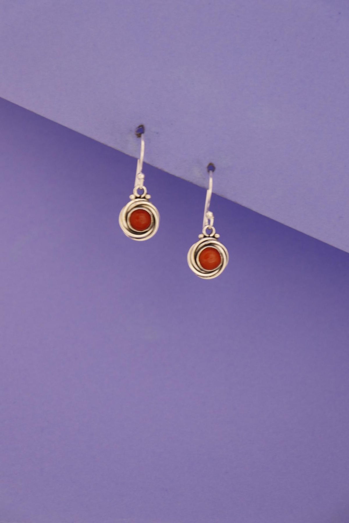 Red Coral Spiral Bezel Drop Earrings | Sterling Silver Boho Dangle Jewelry