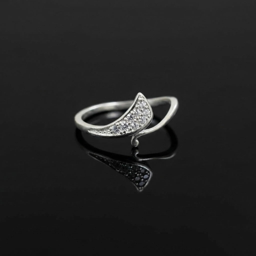 Sterling Silver CZ Fin Ring, Pavé Crescent Bypass Band, Boho Stacker Jewelry