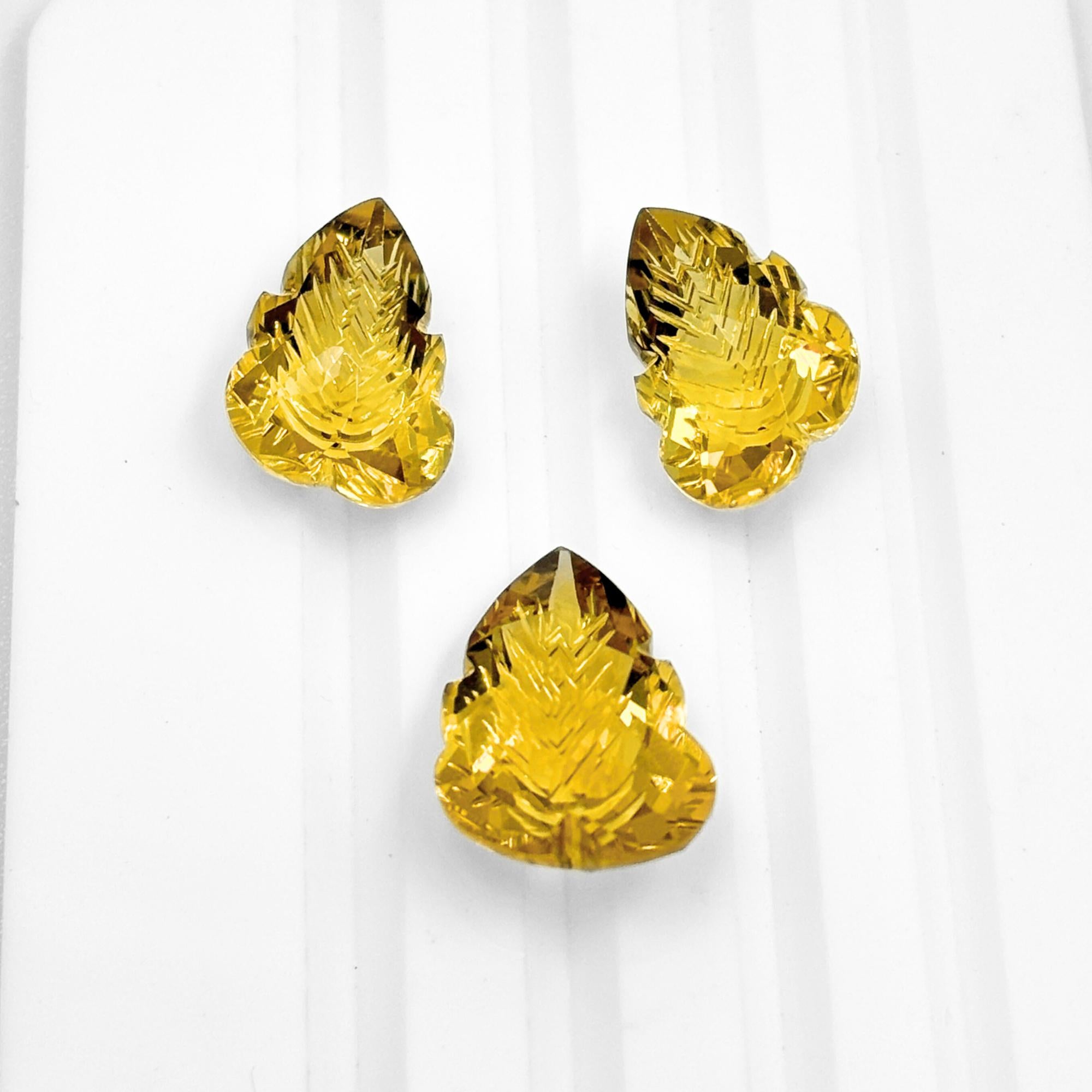 Hand-Carved Lemon Quartz Gemstone Pair – Floral Leaf Cut Stones