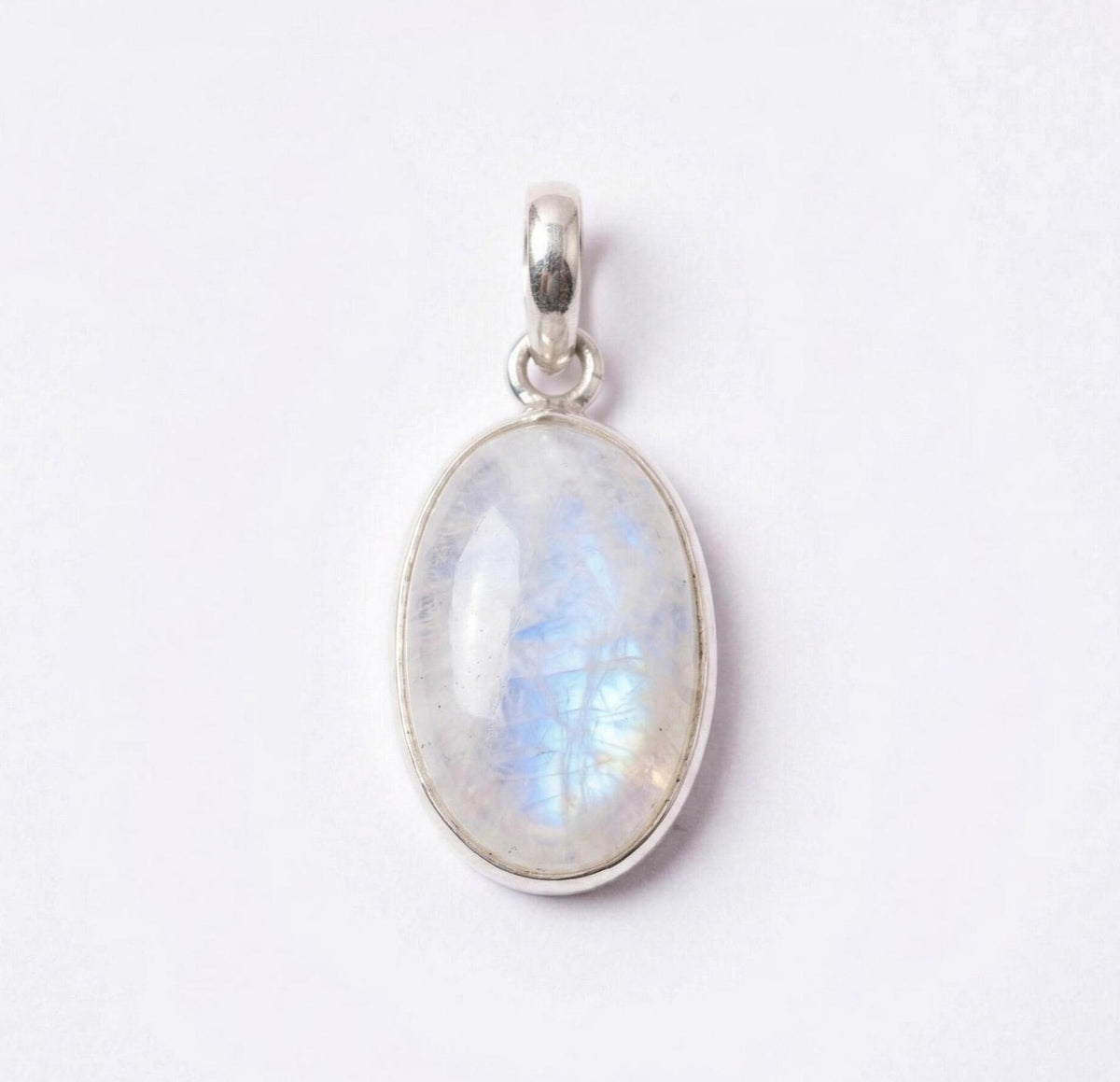 Oval Rainbow Moonstone Pendant – Sterling Silver Boho Gemstone Necklace