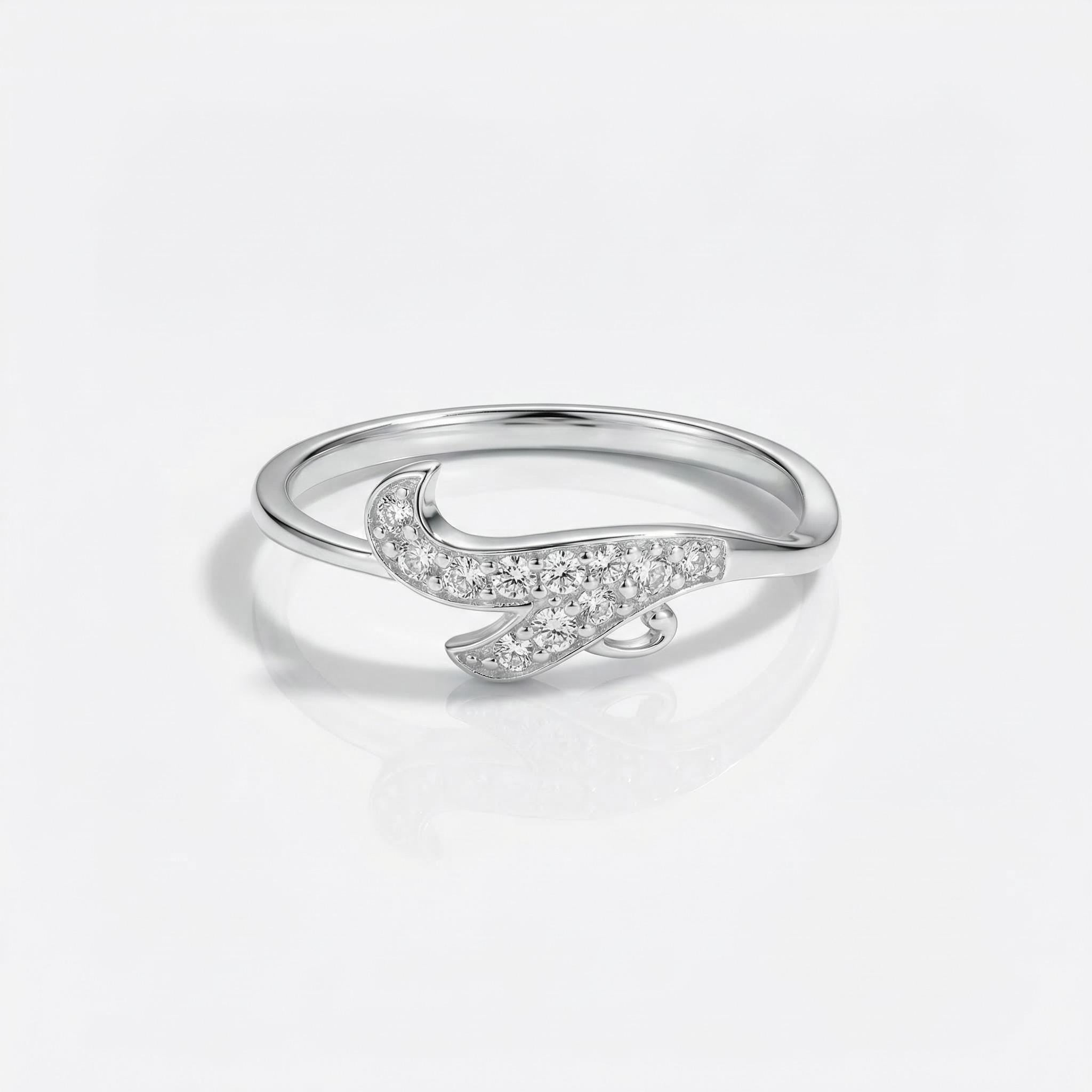 Sterling Silver CZ Swoosh Ring, Pavé Curved Band, Boho Stacking Jewelry