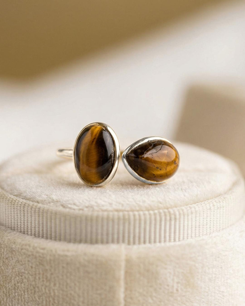 Tiger's Eye Sterling Silver Ring: Oval & Pear Gemstone, Adjustable Boho Jewelry
