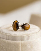 Tiger's Eye Sterling Silver Ring: Oval & Pear Gemstone, Adjustable Boho Jewelry