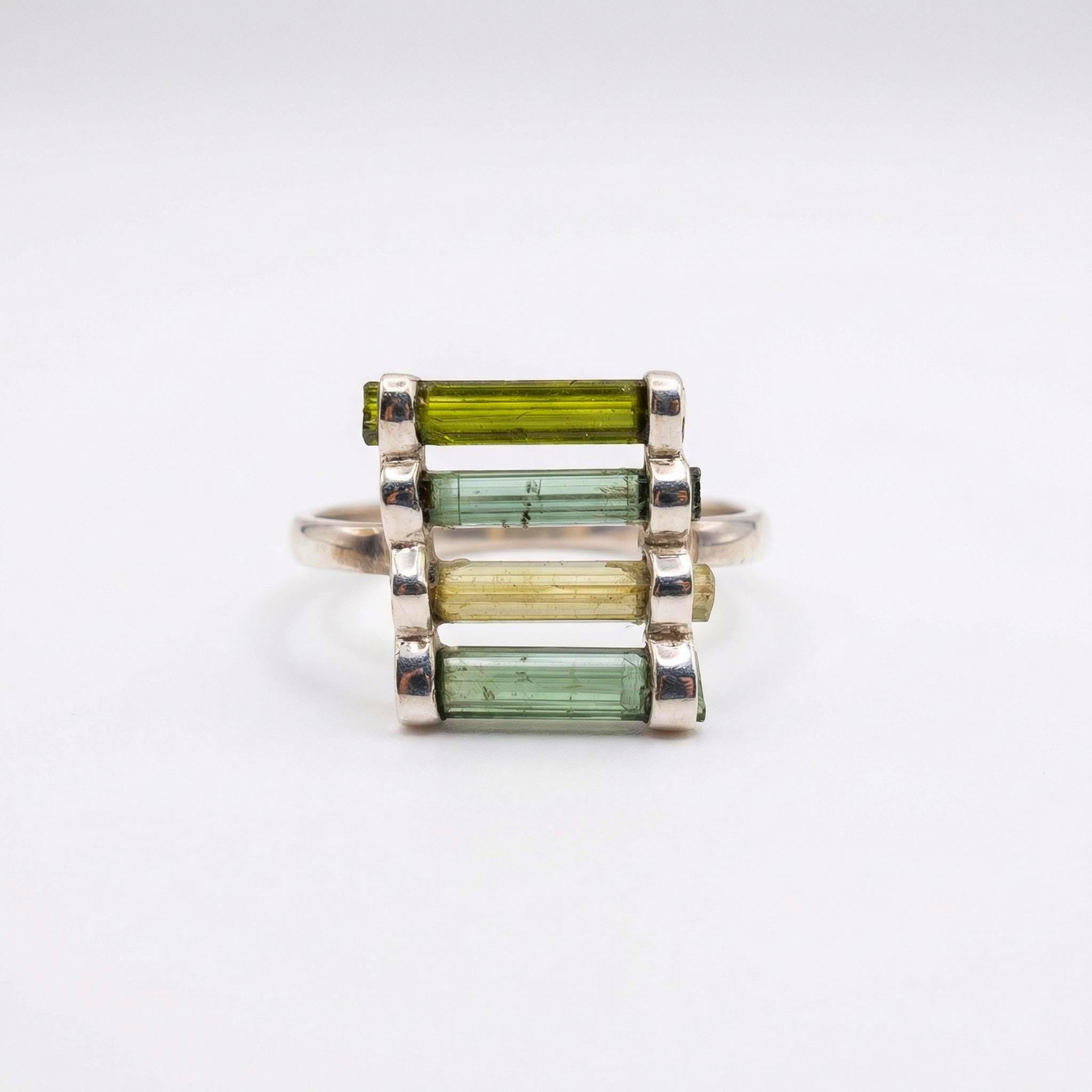 Raw Green Tourmaline Bar Ring: Sterling Silver October Birthstone