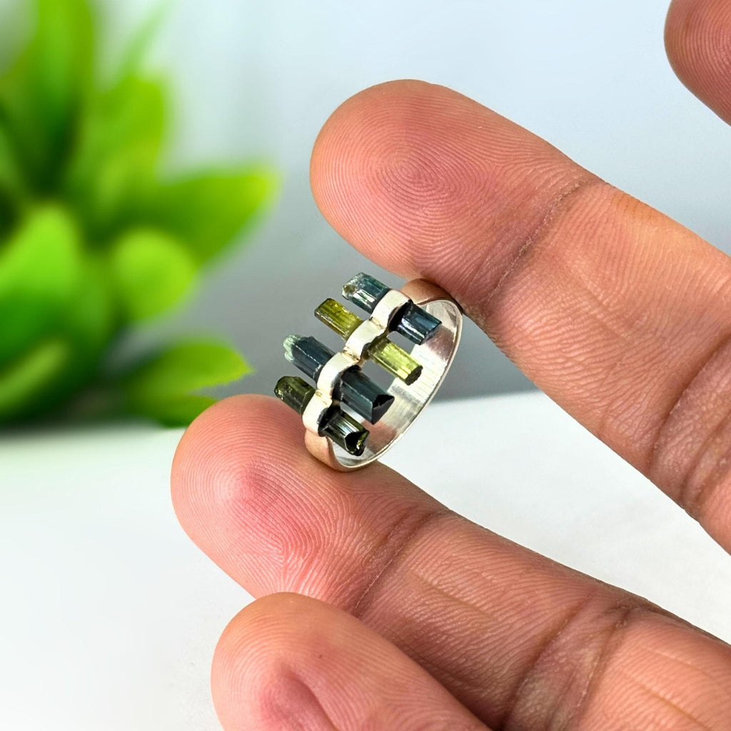 Raw Green Tourmaline Bar Ring: Sterling Silver October Birthstone