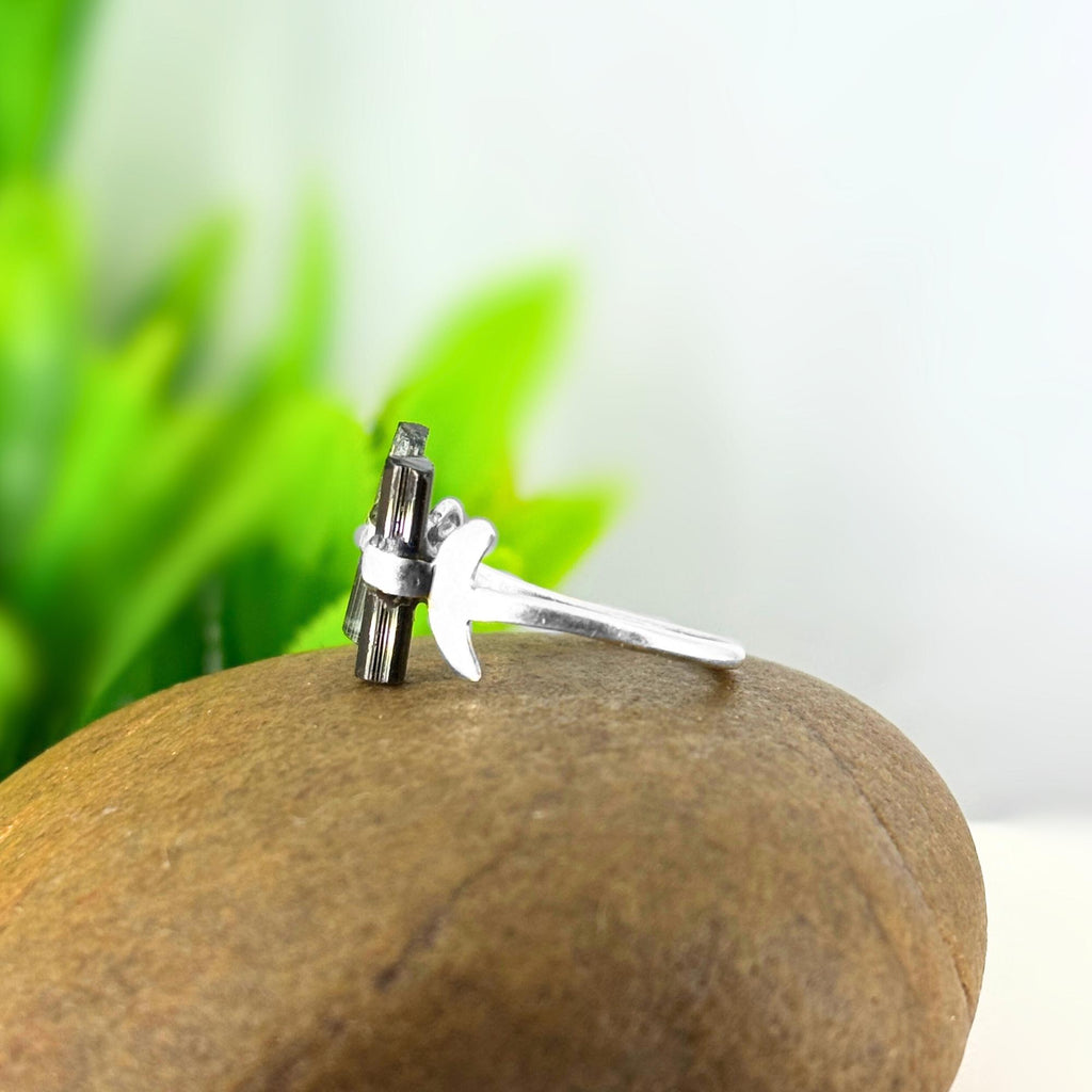 Raw Tourmaline Bar Ring: Sterling Silver Open Band, Green & Blue