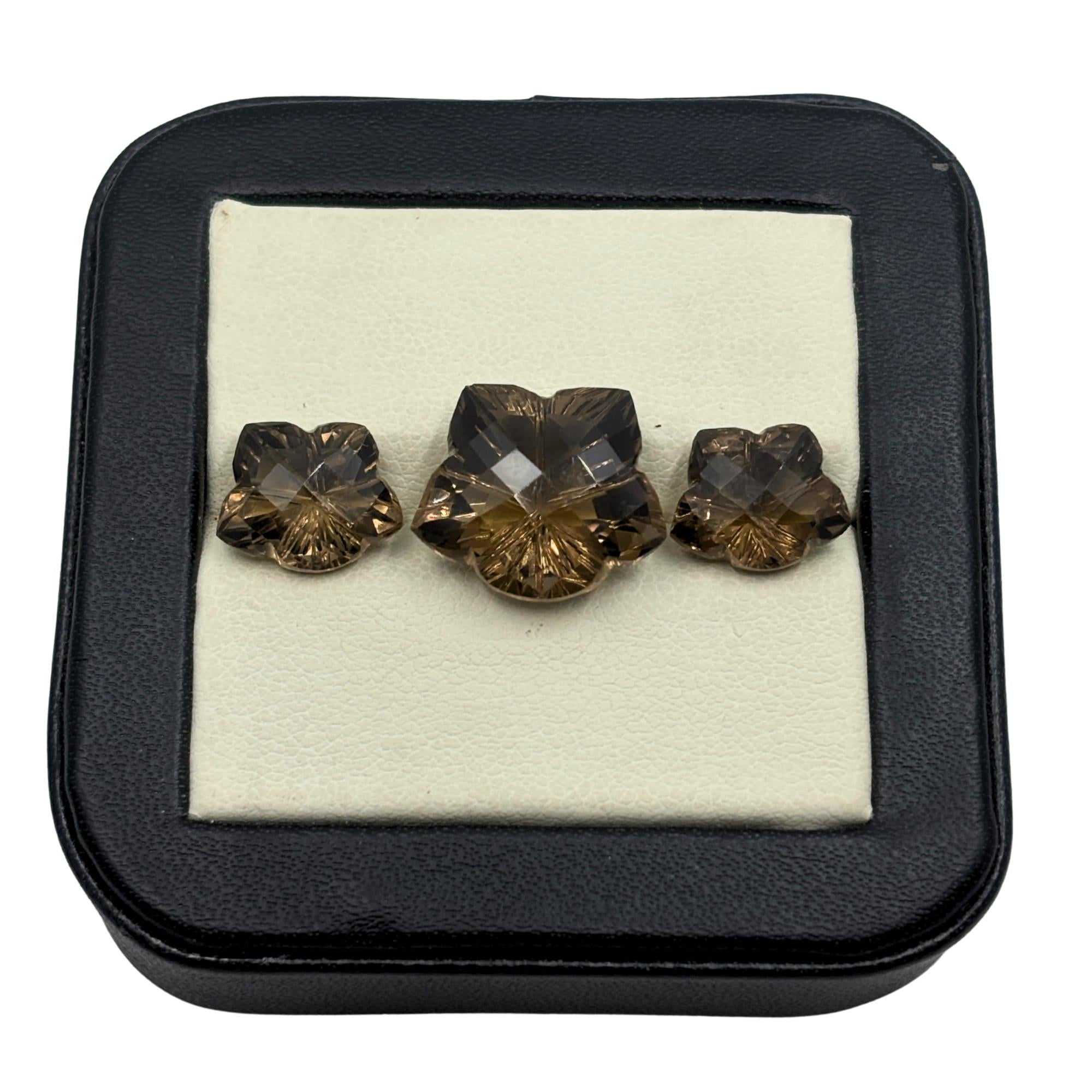 Smoky Quartz Gemstone Pair – Flower Cut, Deep Brown Matched Stones