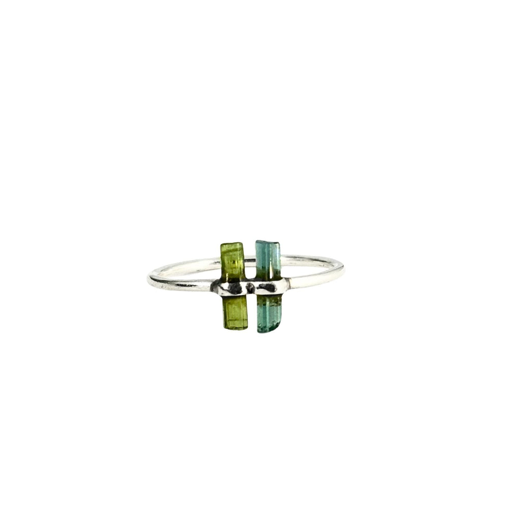 Raw Green & Blue Tourmaline Sterling Silver Ring: Modern Stacking Jewelry