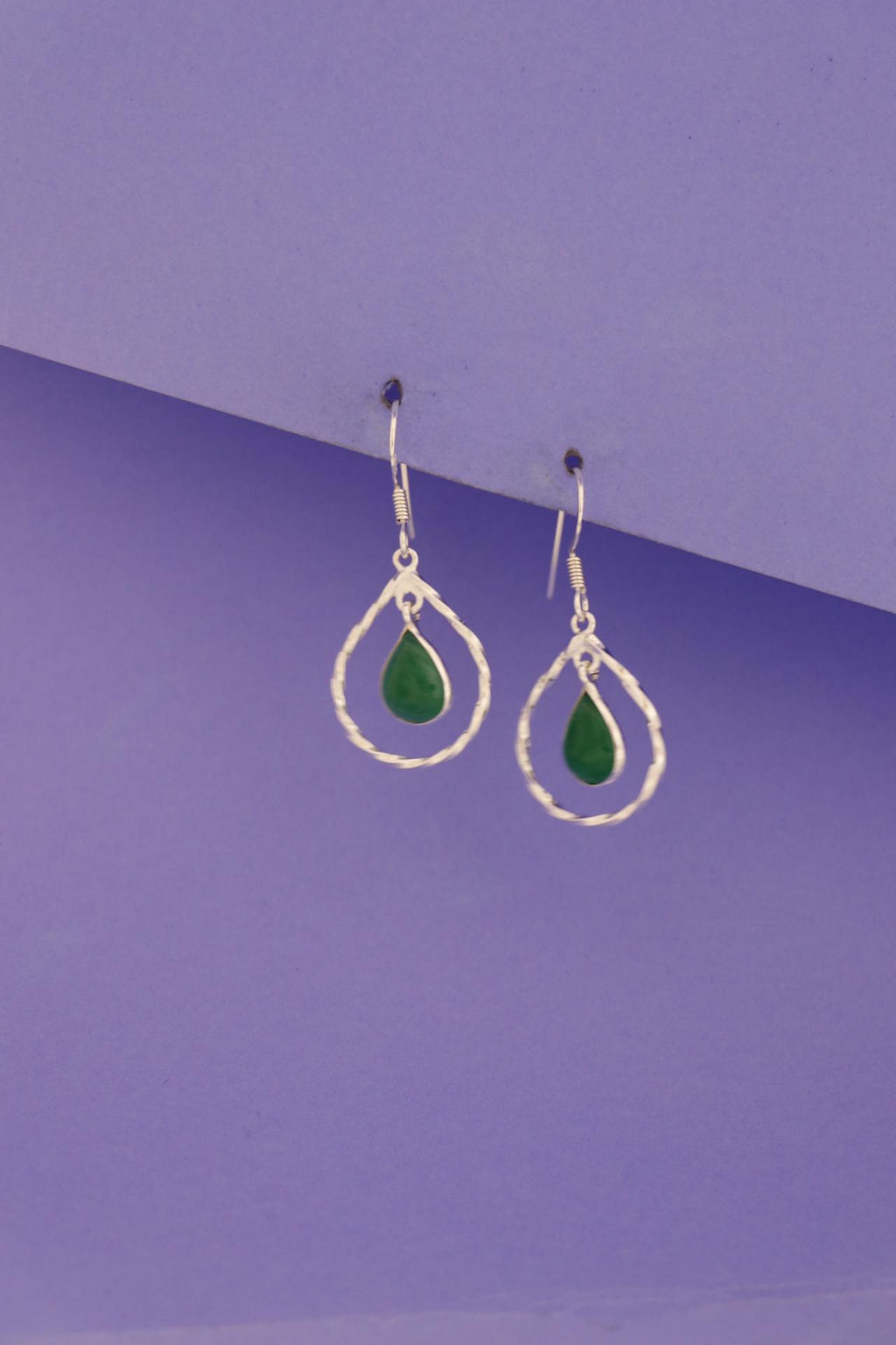 Green Onyx Teardrop Earrings | Hammered Sterling Silver Dangle | Boho Gemstone Jewelry