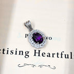 Amethyst CZ Double Halo Pendant in 925 Sterling Silver – Luxe Oval Purple Gemstone Necklace, Sparkling February Birthstone Jewelry