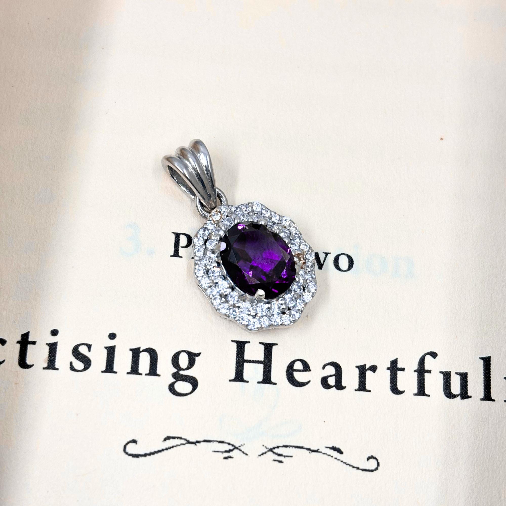 Amethyst CZ Double Halo Pendant in 925 Sterling Silver – Luxe Oval Purple Gemstone Necklace, Sparkling February Birthstone Jewelry