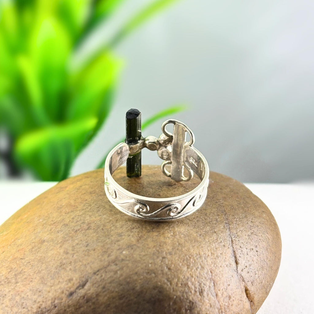 Raw Green Tourmaline Bar Ring: Adjustable Sterling Silver Boho Jewelry