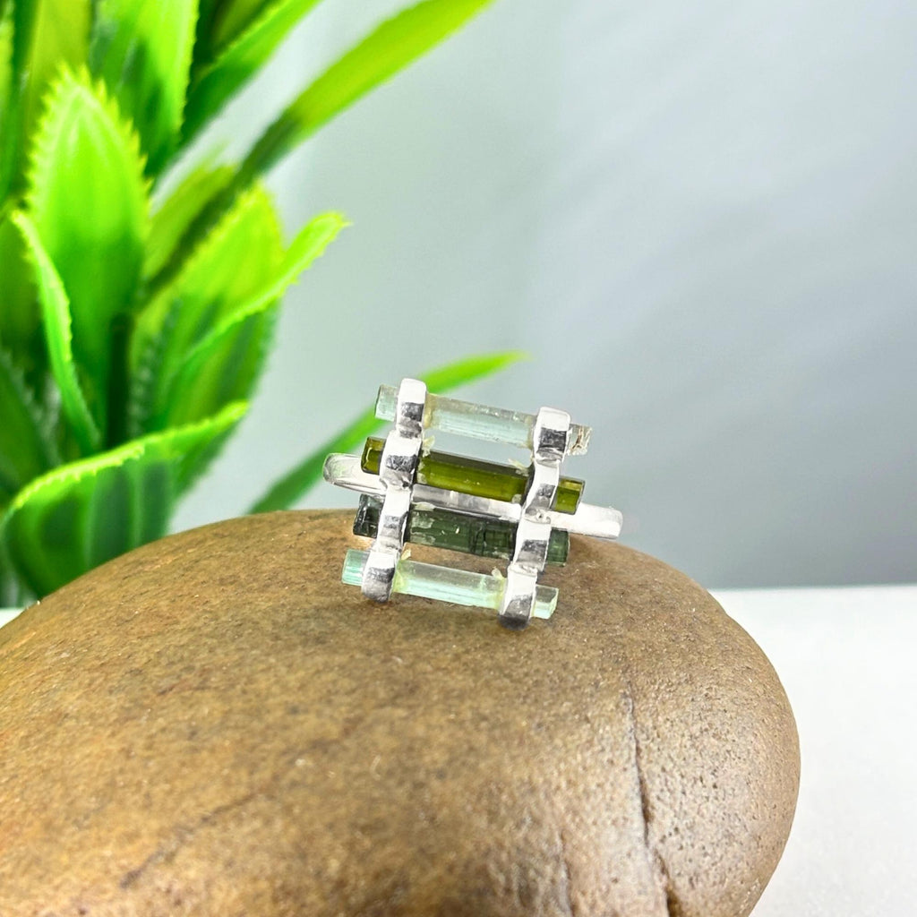 Raw Green Tourmaline Bar Ring: Sterling Silver October Birthstone