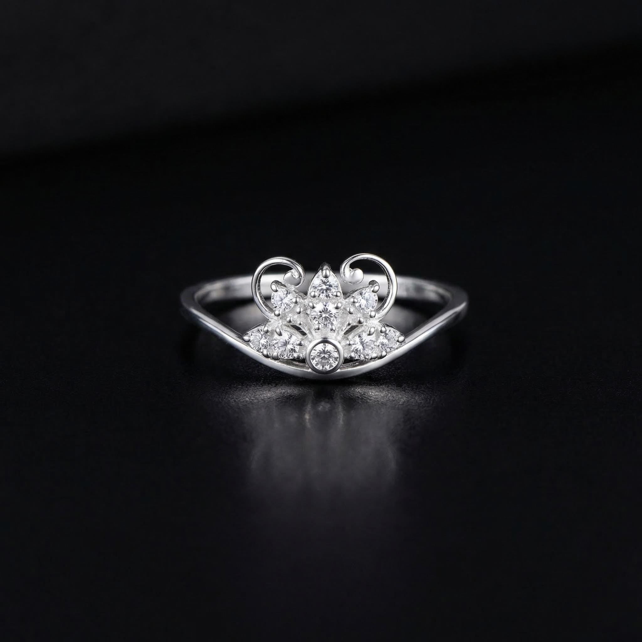Sterling Silver Tiara Ring • Sparkling CZ Lotus Flower Band • Regal Filigree Motif