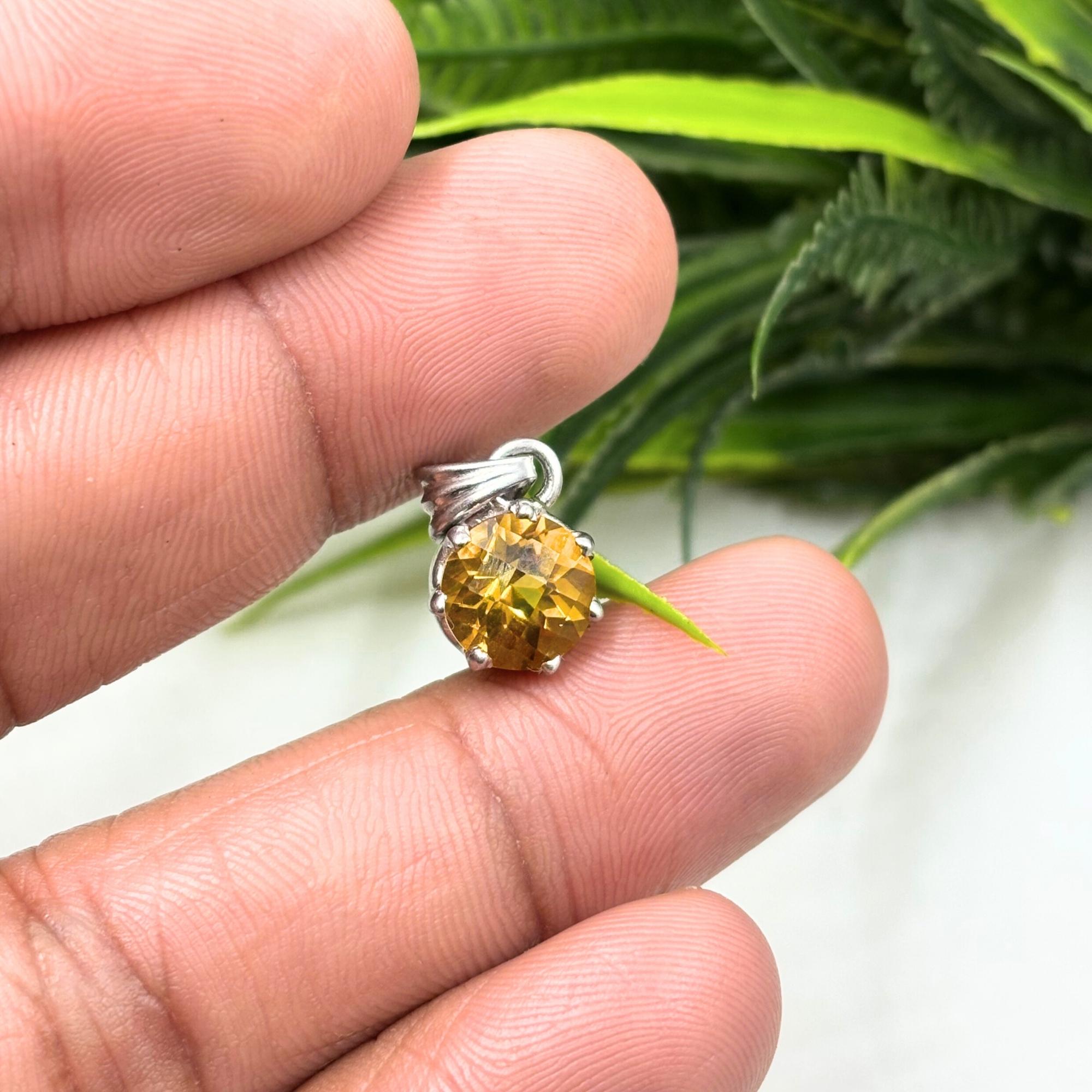 Round Citrine Solitaire Pendant in 925 Sterling Silver – Yellow Gemstone Necklace Charm, Minimalist November Birthstone Jewelry Gift for Her