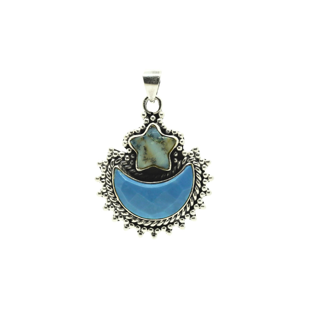 Blue Opal Moon & Dendritic Agate Star Pendant: Sterling Silver Celestial Charm