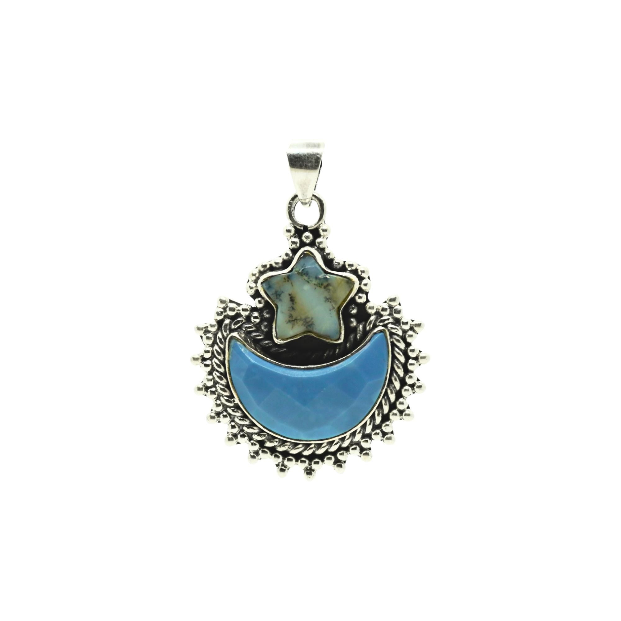 Blue Opal Moon & Dendritic Agate Star Pendant: Sterling Silver Celestial Charm