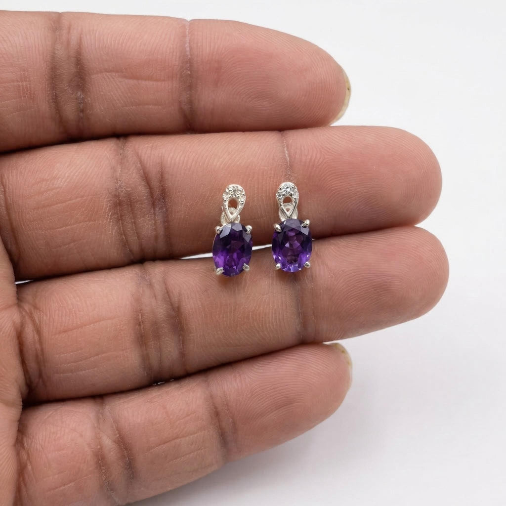 Amethyst CZ Stud Earrings 925 Sterling Silver | Oval Gemstone Studs | February Birthstone | Handmade Jewelry