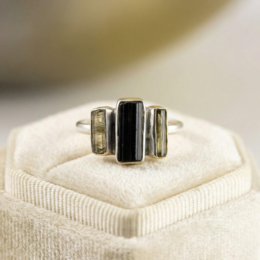 Raw Green Tourmaline Bar Ring: Sterling Silver Stacking Gemstone