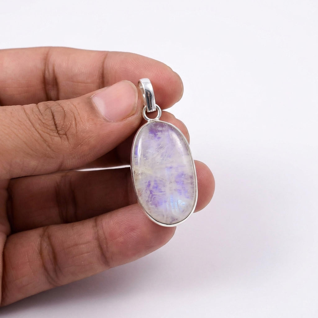 Oval Rainbow Moonstone Pendant – Sterling Silver Boho Gemstone Necklace