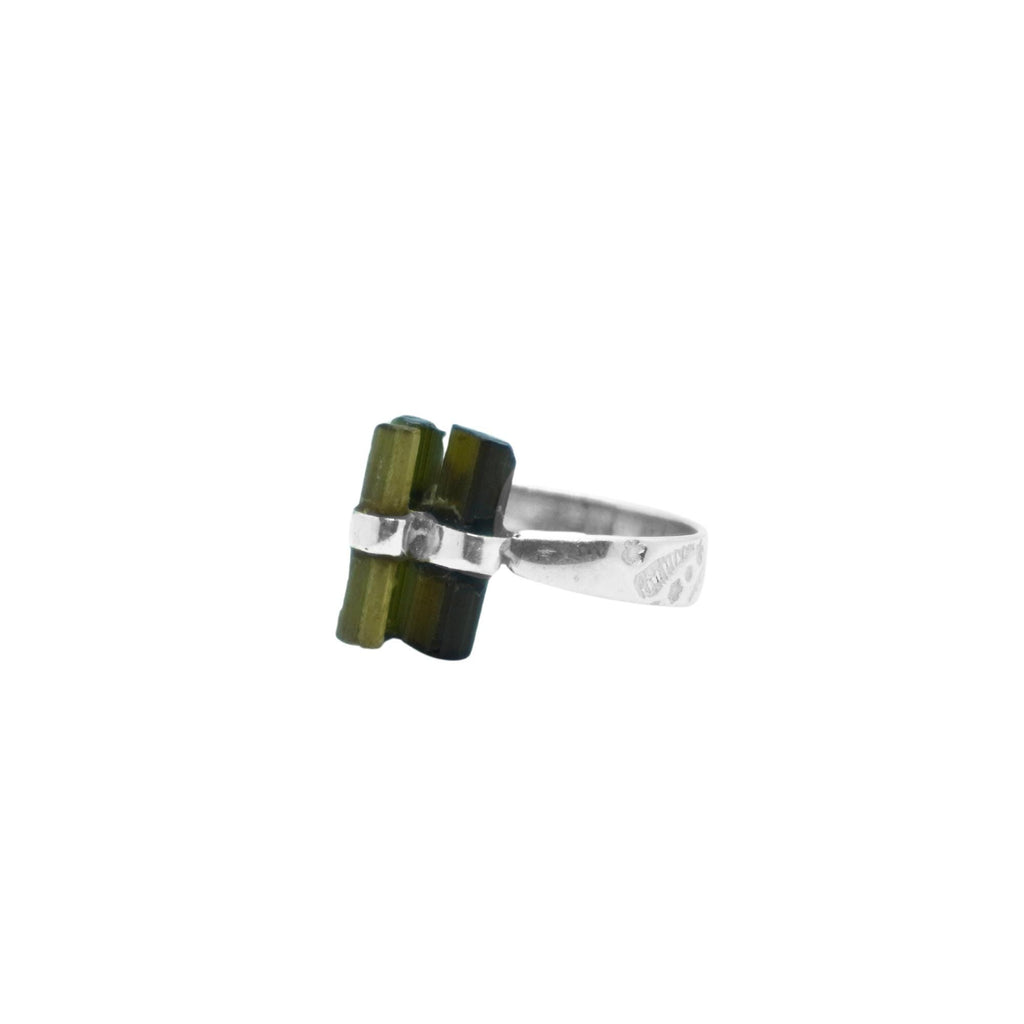 Raw Green Tourmaline Cluster Ring: Sterling Silver Boho Statement Jewelry
