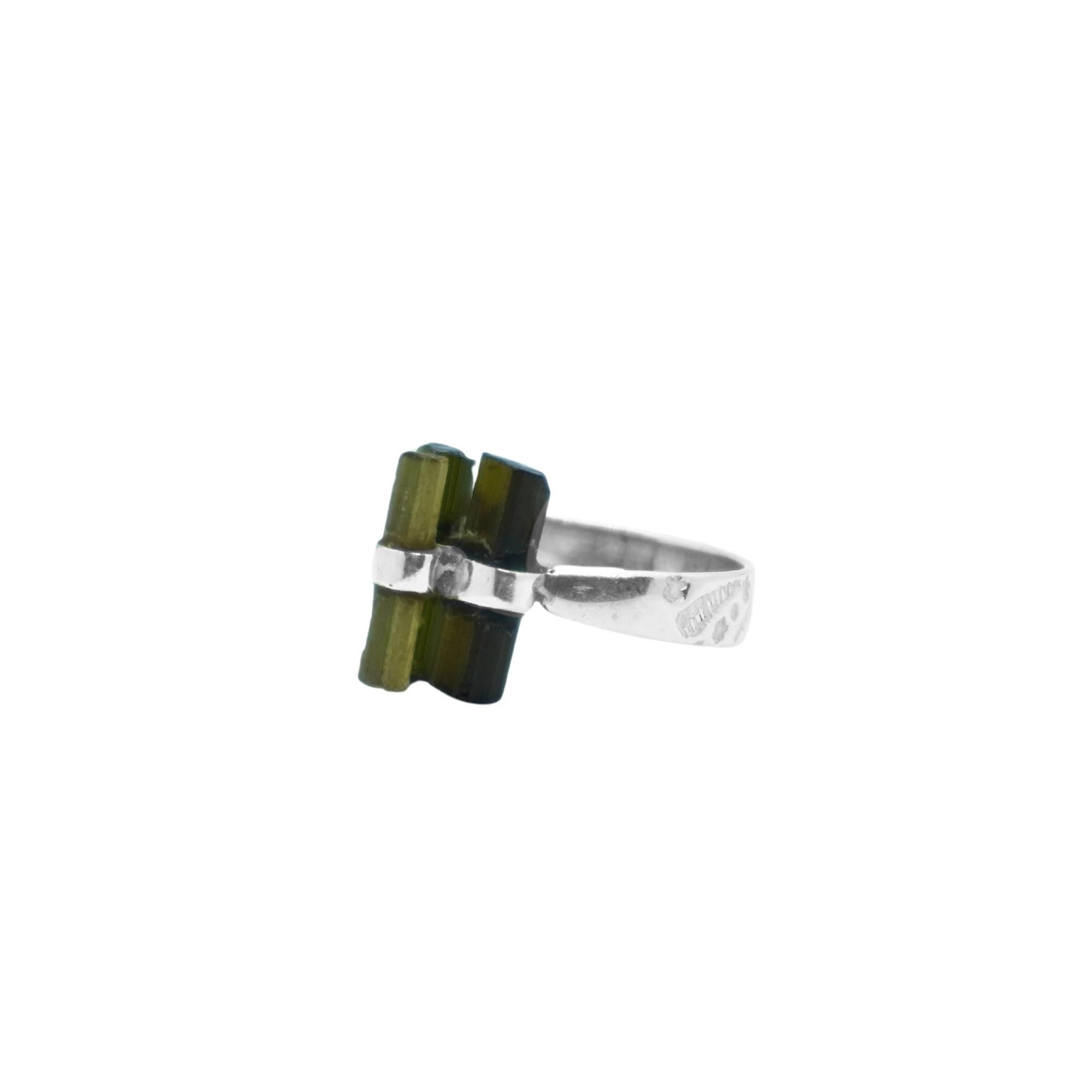 Raw Green Tourmaline Cluster Ring: Sterling Silver Boho Statement Jewelry