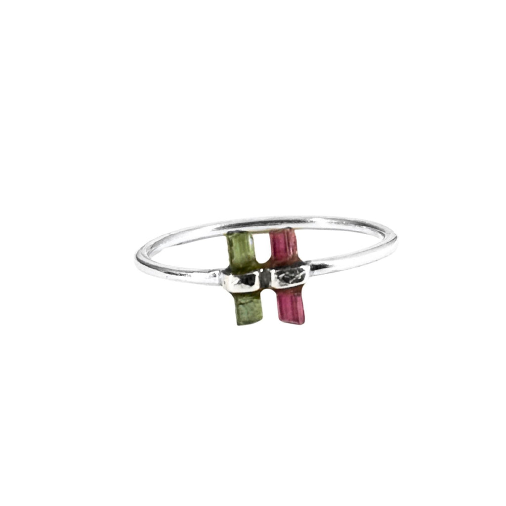 Watermelon Tourmaline Bar Sterling Silver Ring | Raw Gemstone Stacking Ring | Handmade Minimalist Statement Jewelry