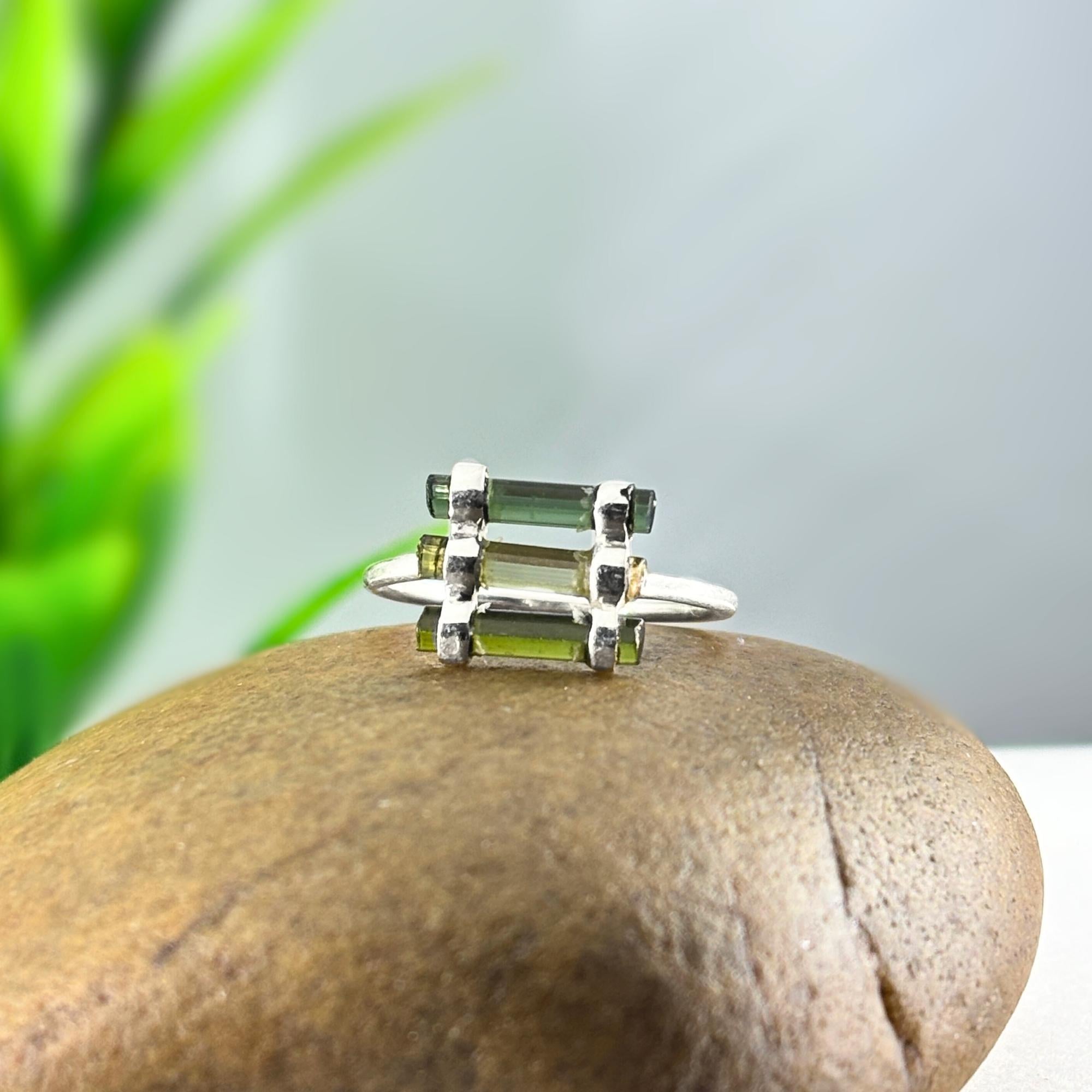 Raw Green Tourmaline Sterling Silver Ring: Handmade Open Band Jewelry