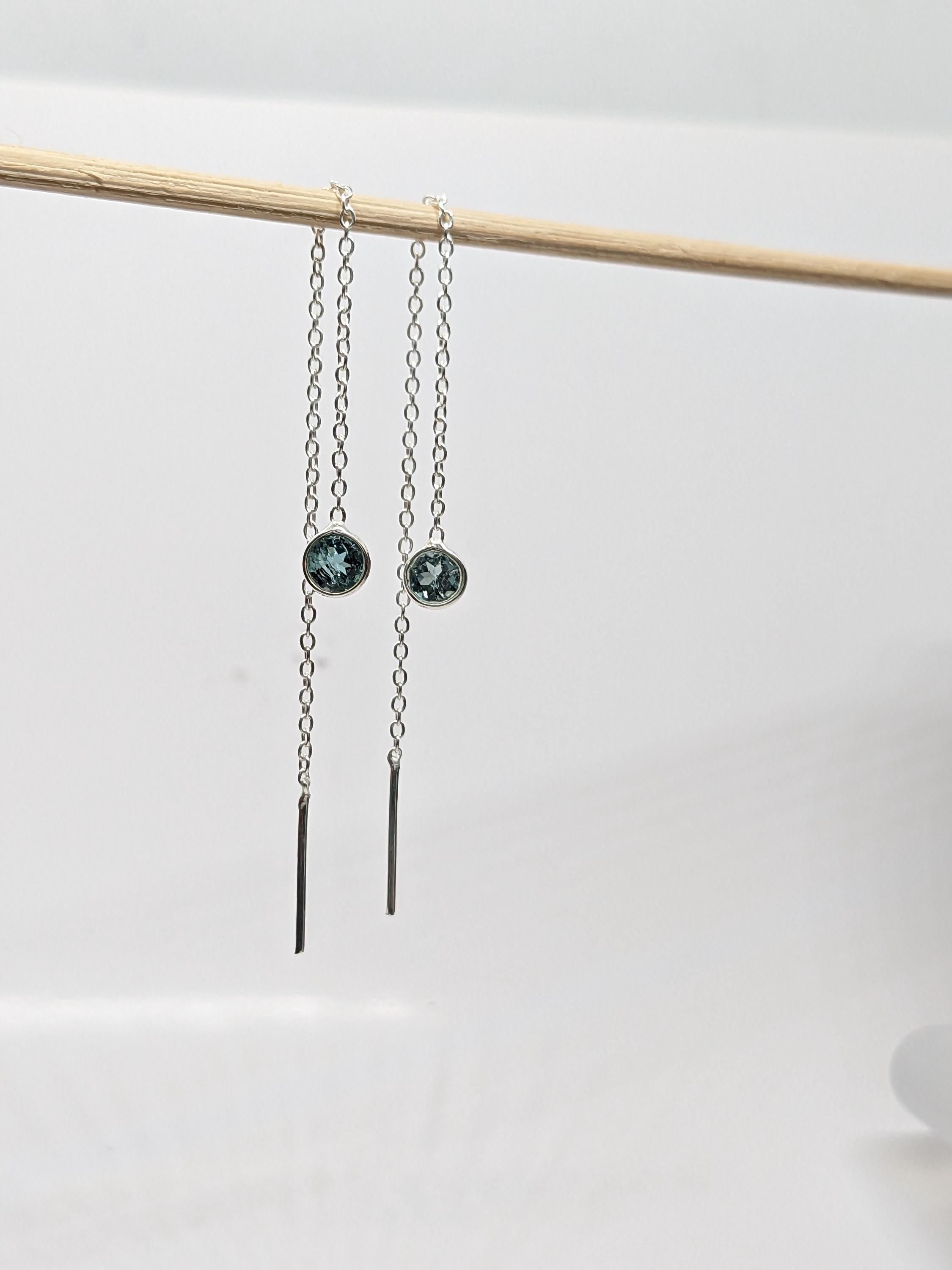 Blue Tourmaline Threader Earrings | 925 Sterling Silver Dainty Chain Drop