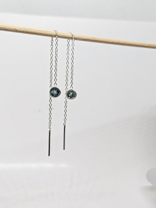 Blue Tourmaline Threader Earrings | 925 Sterling Silver Dainty Chain Drop