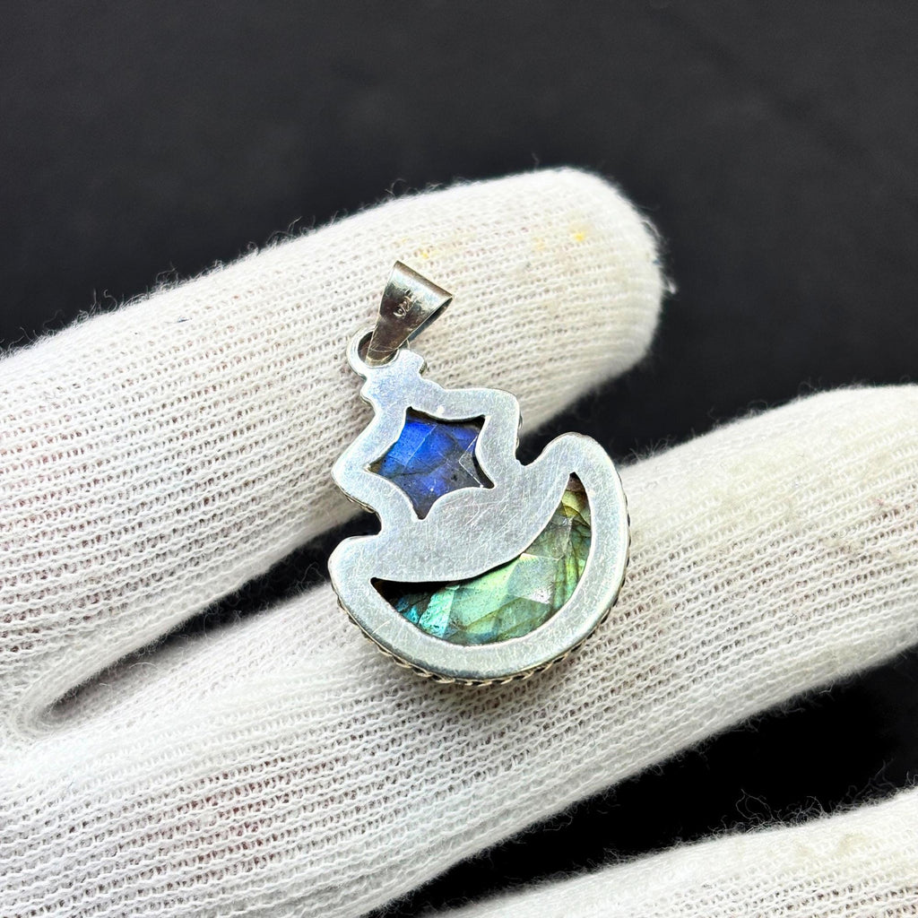 Labradorite Star and Moon Pendant: Sterling Silver Celestial Necklace