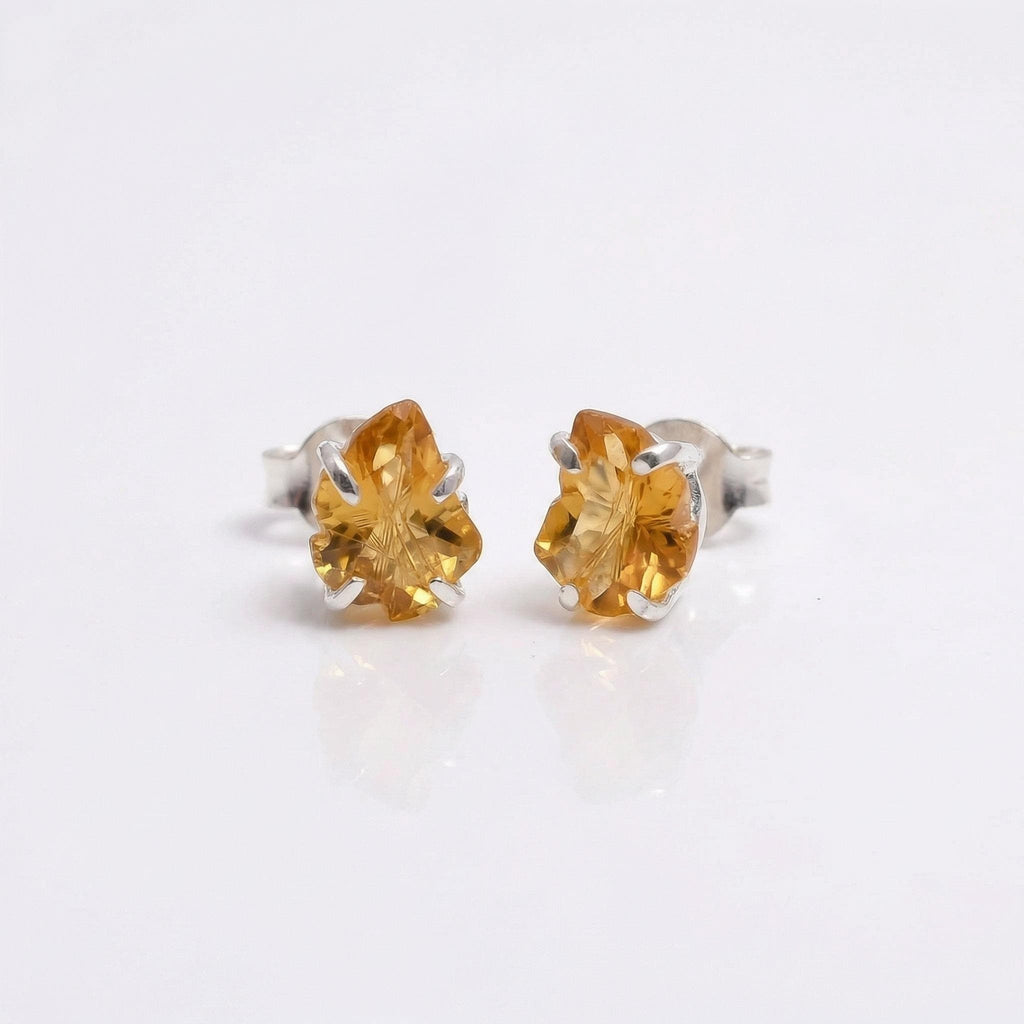 Leaf Cut Citrine Stud Earrings 925 Sterling Silver - November Birthstone Dainty Nature Design
