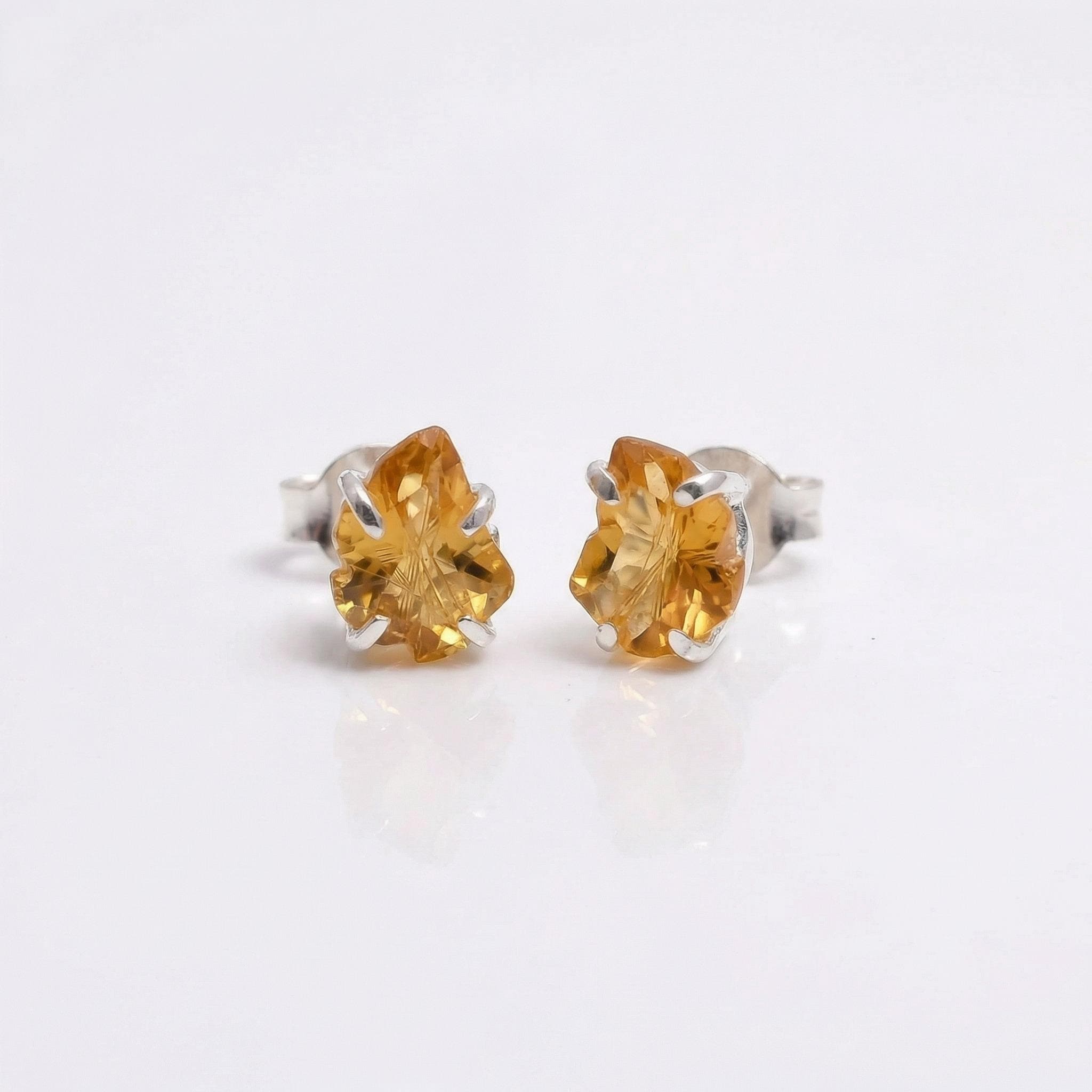 Leaf Cut Citrine Stud Earrings 925 Sterling Silver - November Birthstone Dainty Nature Design