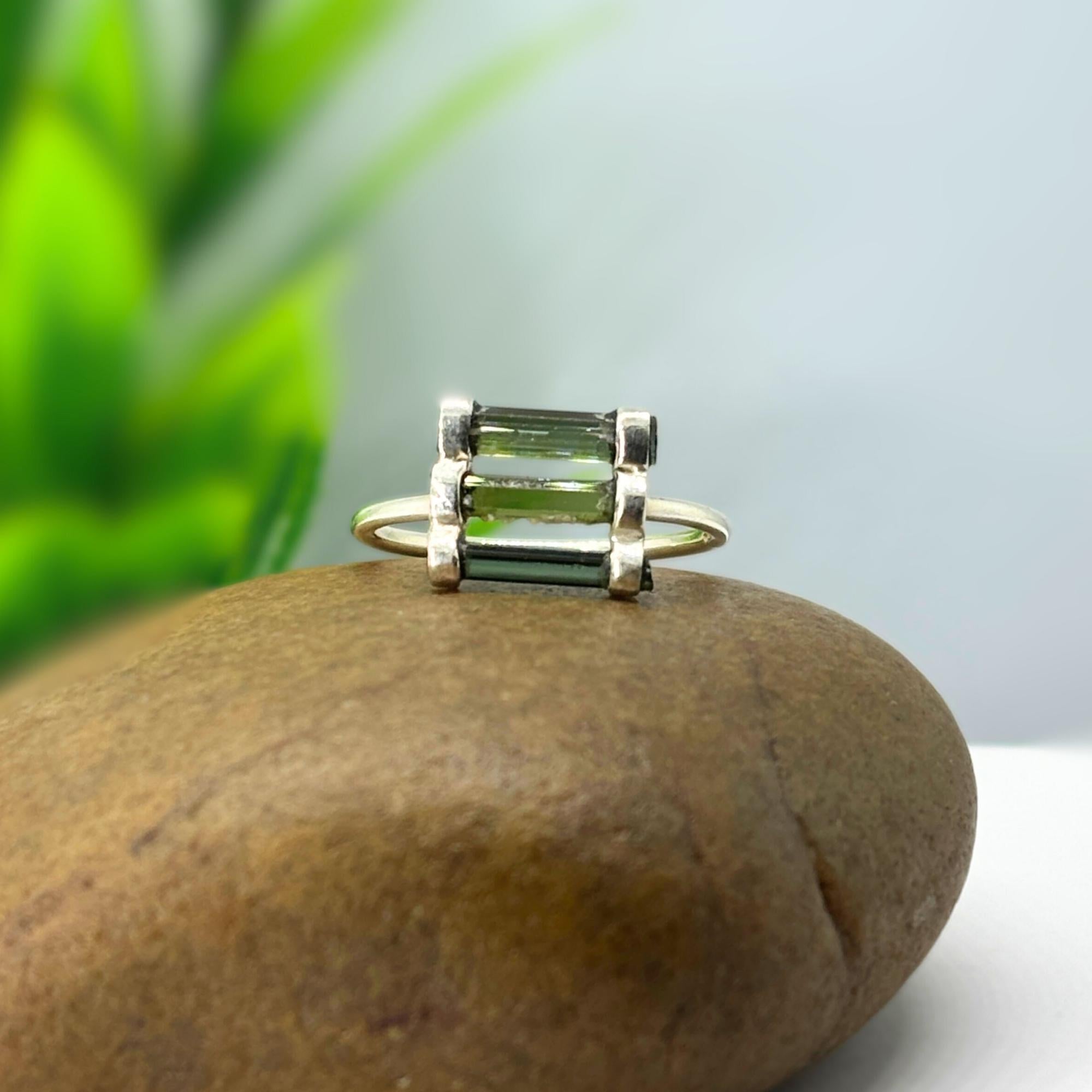 Raw Green Tourmaline Bar Ring: Sterling Silver Stacking Gemstone