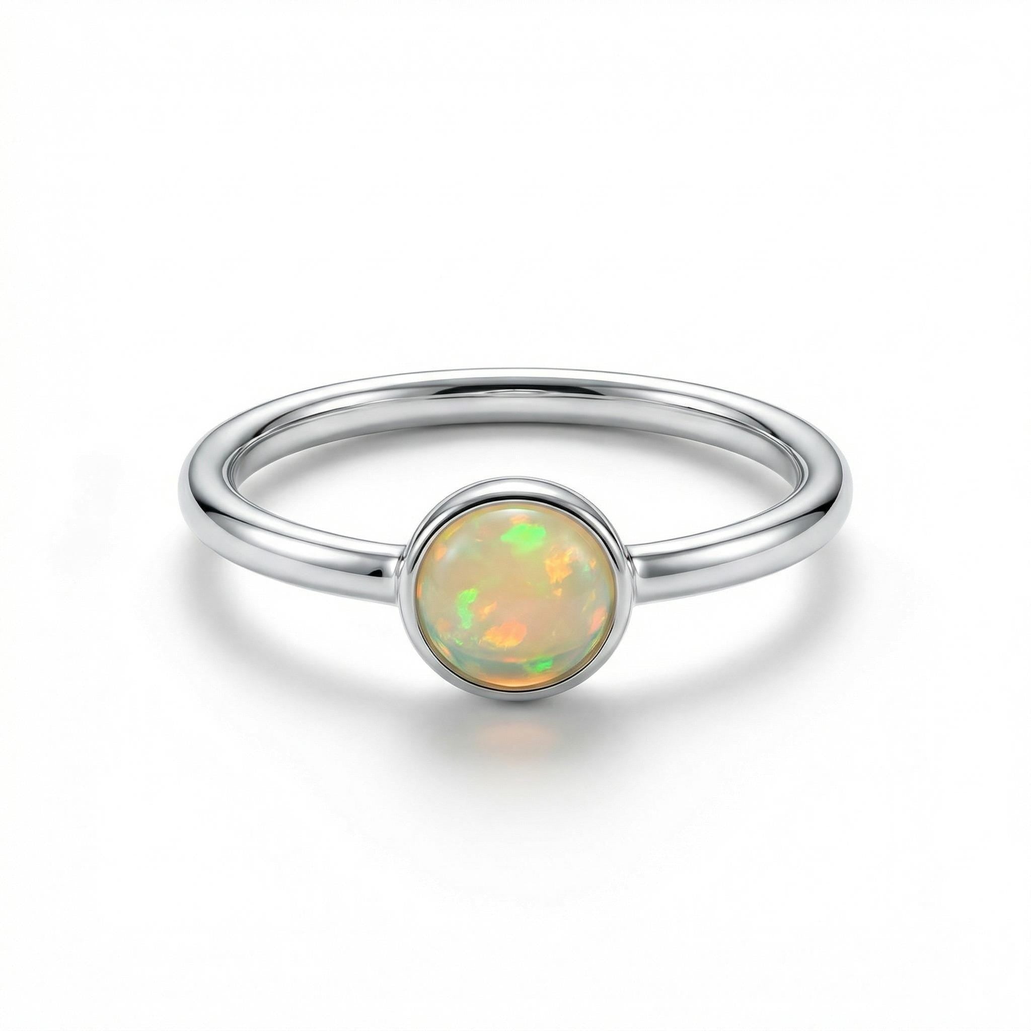 Opal Round Ring – 925 Sterling Silver, Natural Opal Cabochon, Handmade Statement Jewelry
