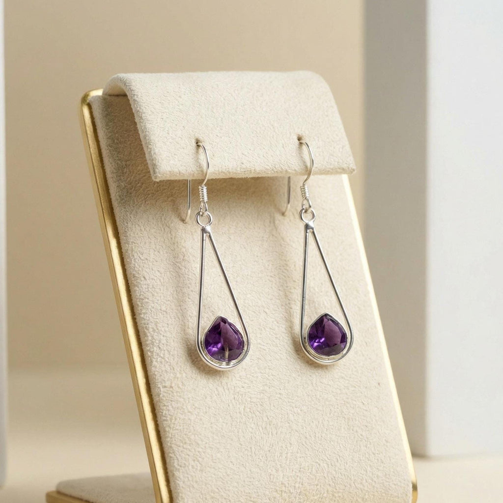 Amethyst Drop Earrings 925 Sterling Silver | Pan Gemstone Dangle | February Birthstone | Handmade Jewelry