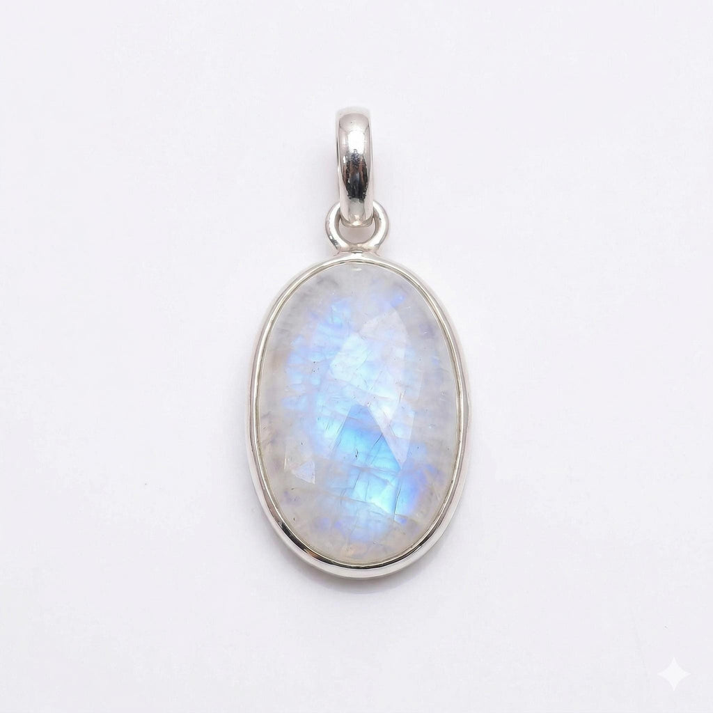 Oval Rainbow Moonstone Pendant – Sterling Silver Boho Gemstone Necklace