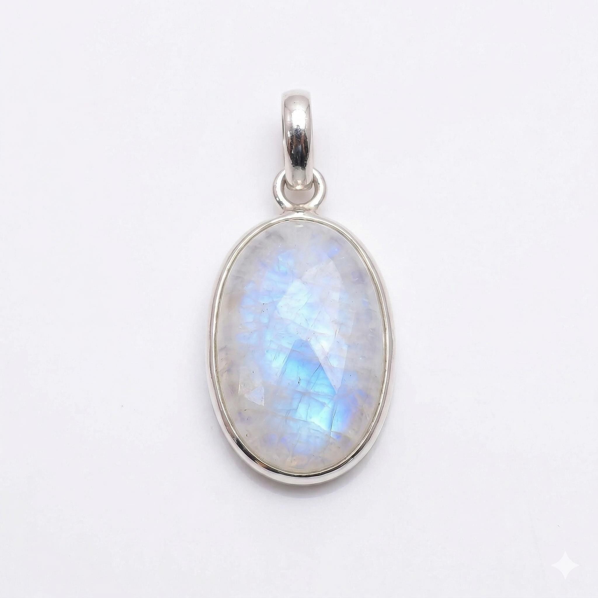 Oval Rainbow Moonstone Pendant – Sterling Silver Boho Gemstone Necklace